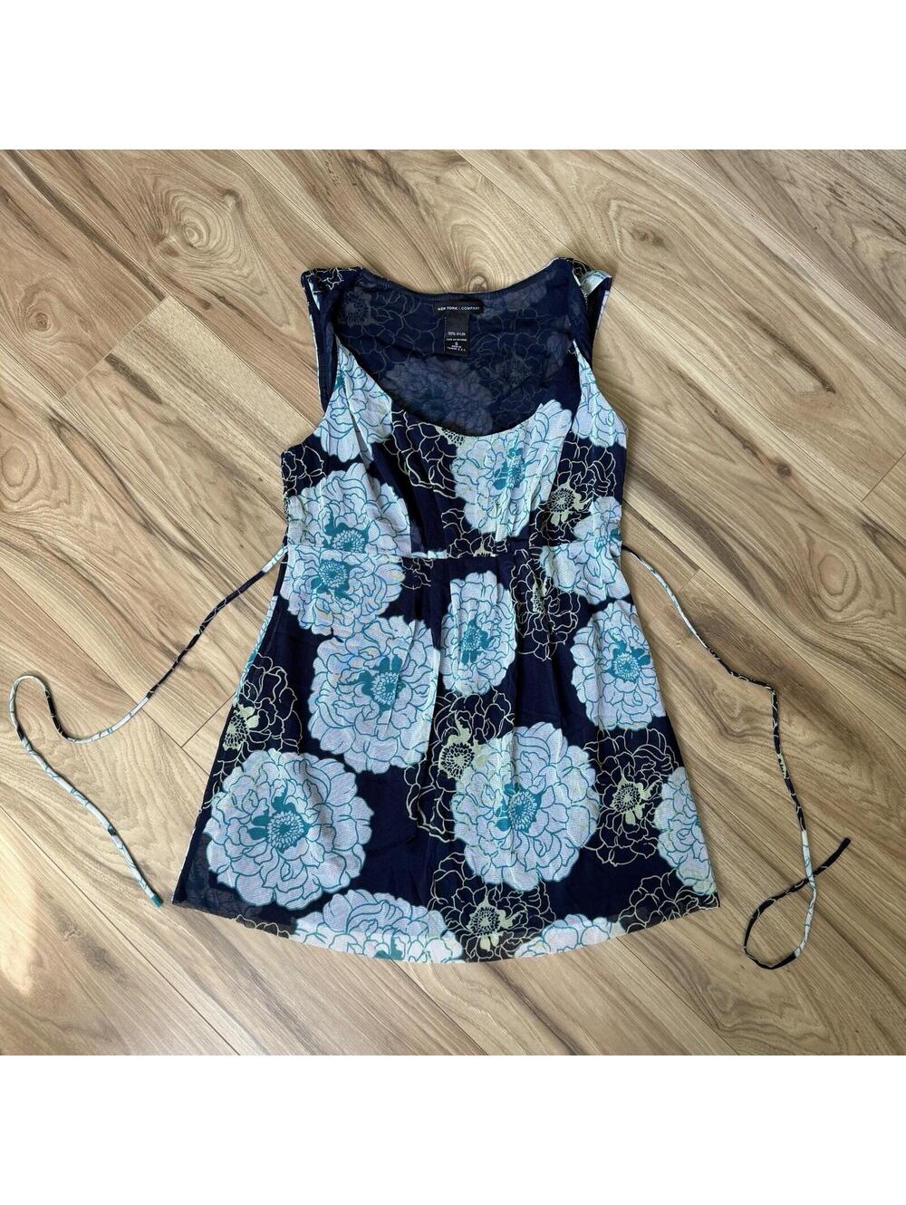 New York & Company Sheer Babydoll Tank Floral Navy Blue Side Tie Y2K Size S